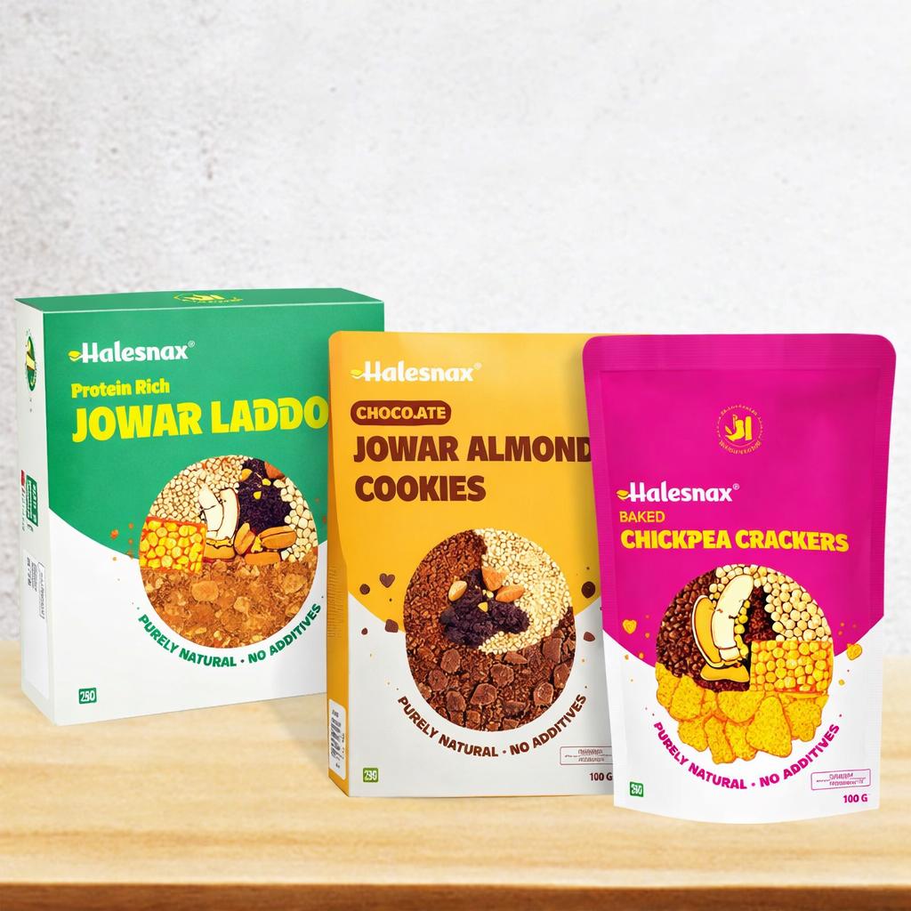 Mitha Namkeen Combo – Jowar Laddoos, Chocolate Cookies & Chickpea Crackers