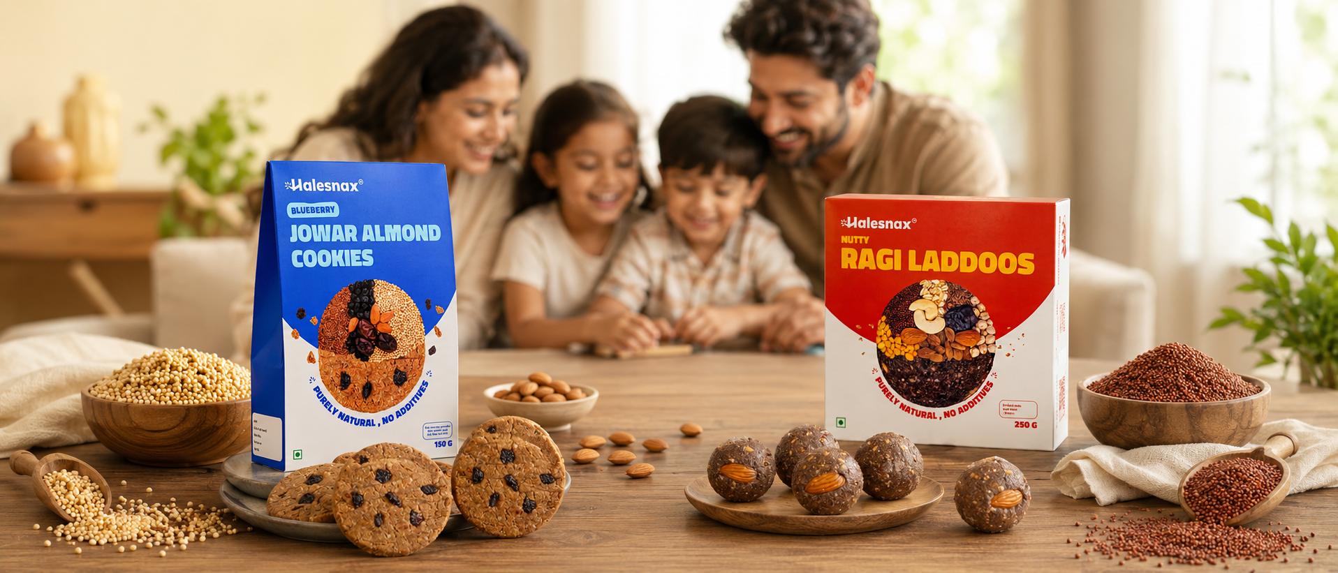 Halesnax millet cookies and laddoos made from jowar and ragi arranged for tea time