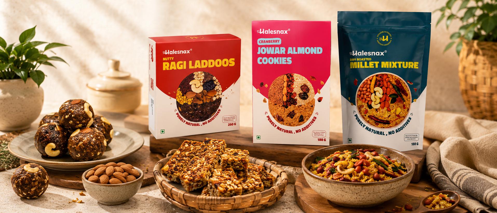 Halesnax high-protein Indian snacks including roasted chana, seed laddoos and chickpea crackers