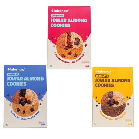 Halesnax Combo Pack of Cranberry, Blueberry and Chocolate Jowar Almonds Cookies High in Protein | Gluten-Free Jowar Date Cookies for Kids and Adult | 450g |