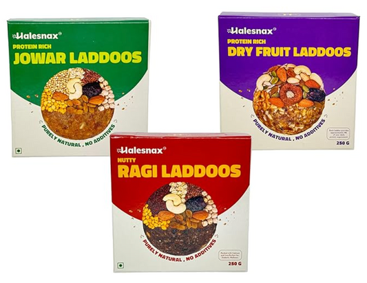 Halesnax Healthy Laddoo Combo Nutty Ragi, Jowar & Dry Fruit | 100% Natural, No Additives or Preservatives | Rich in Protein, Fiber & Nutrients | Guilt-Free Energy Bites for All Ages | Ideal for School, Office & Home Snacking | 750g |